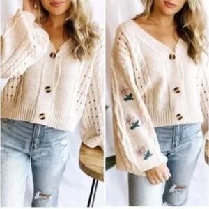 HYFVE Cream Cable Knit Cardigan with Floral Accents
